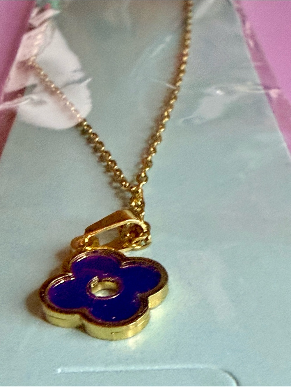 Mint Gold-Tone Flower Pendant Necklace with Purple Enamel